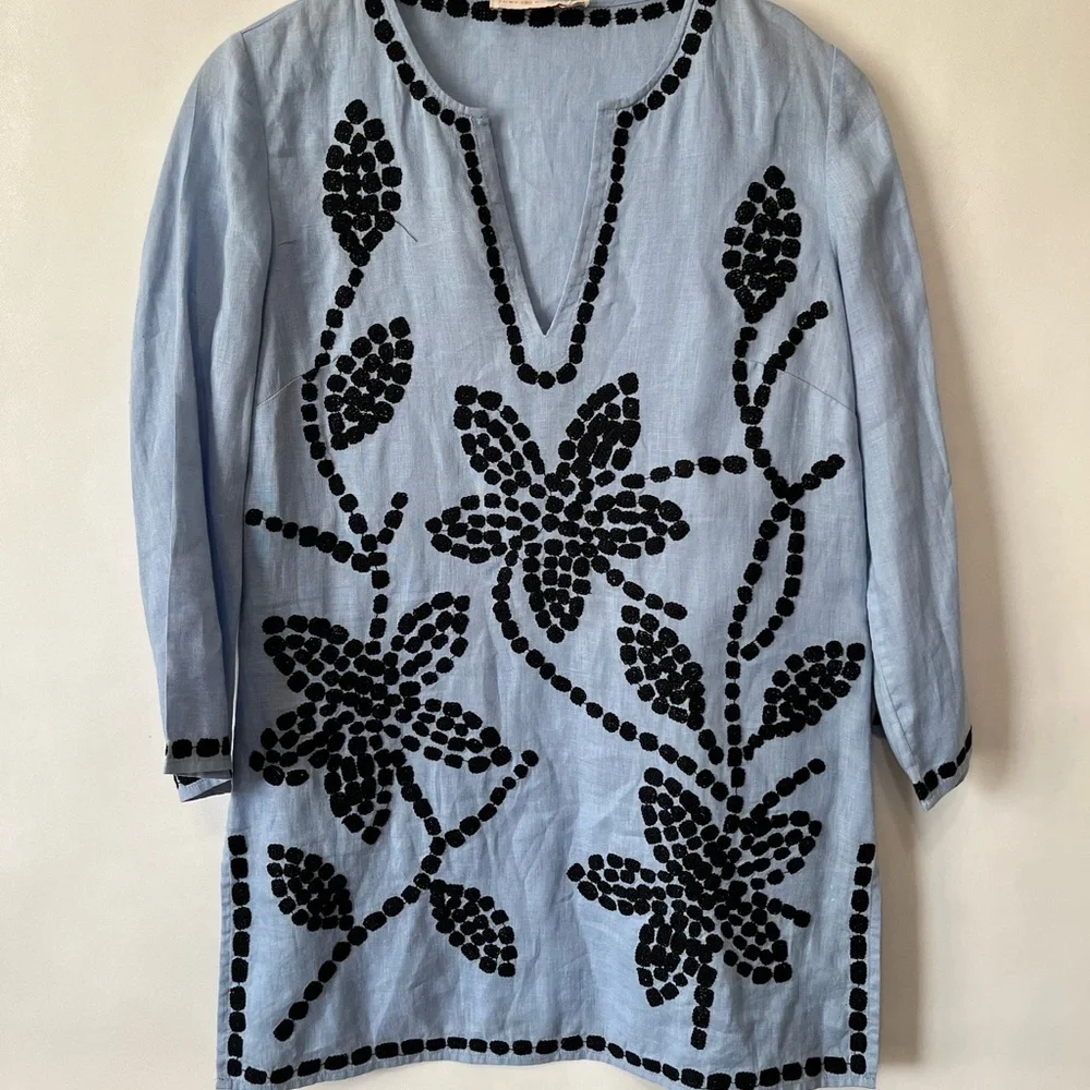 Tory Burch Blue Embroidered Linen Tunic Top
